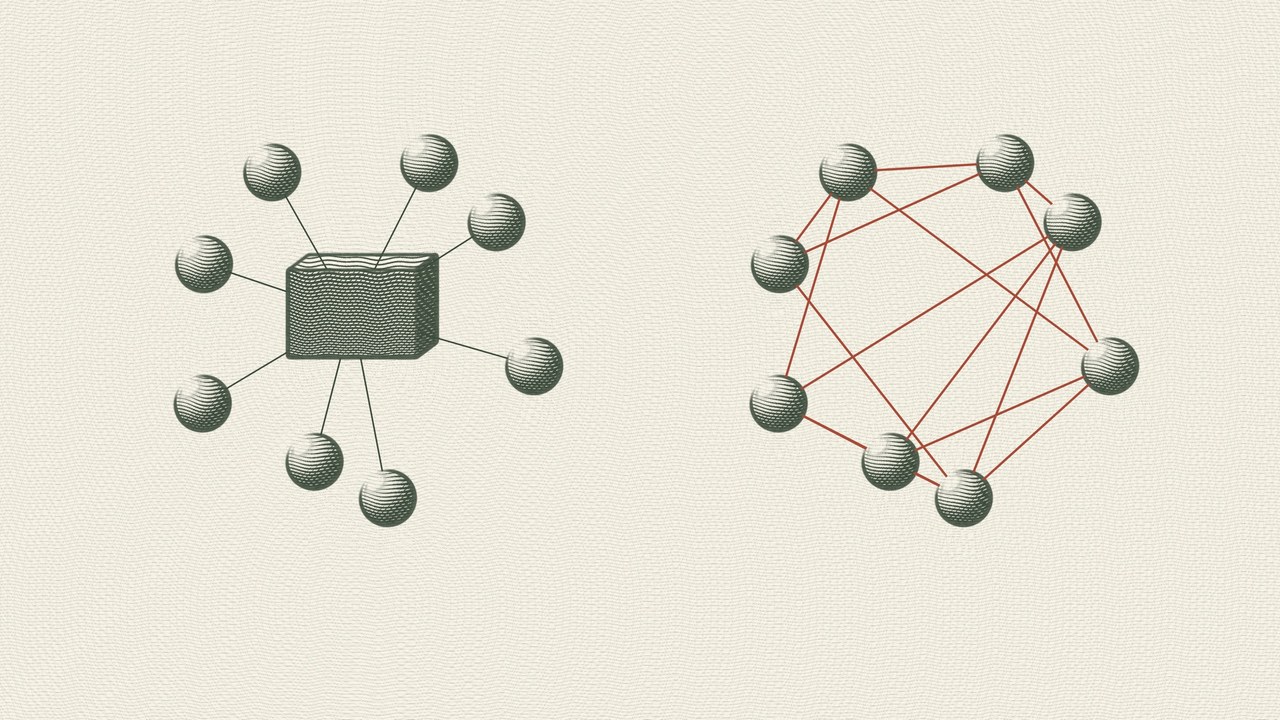 Two engraved diagrams. Left: eight people, each wired only to a central box. Right: the same eight people, wired to each other.